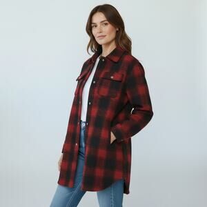 Levi's Shacket Shirt Jacket Womens Medium Faux Sherpa Lining Black Red Plaid